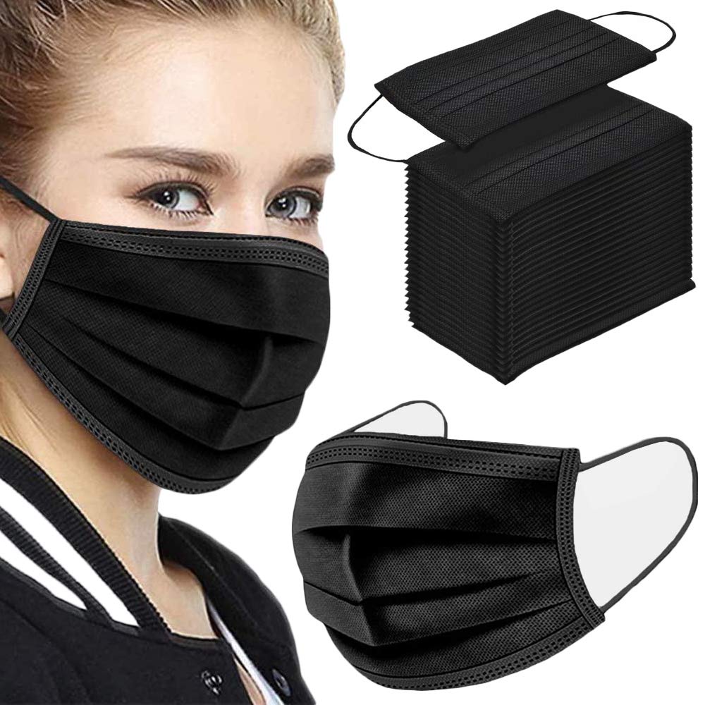 NNPCBT 100PCS 3 Ply Black Disposable Face Mask Filter Protection Face Masks