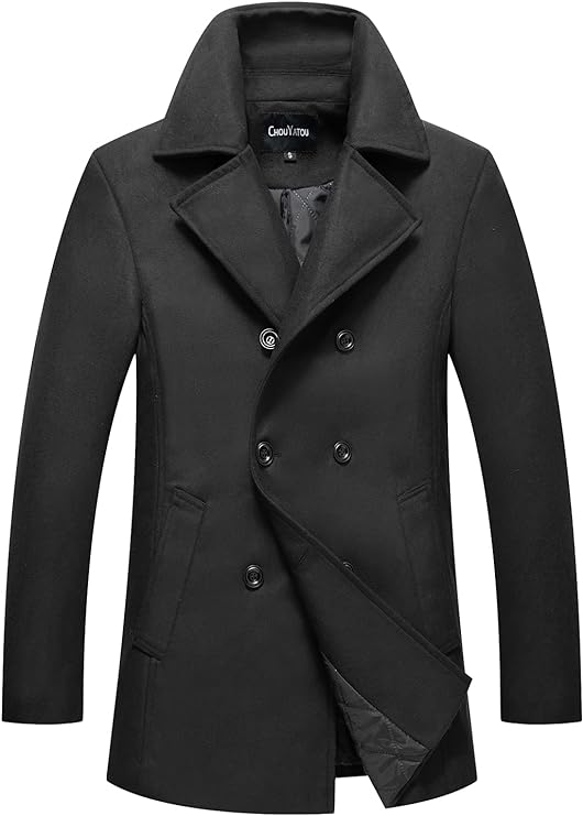 chouyatou Men’s Classic Notched Collar Double Breasted Wool Blend Pea Coat