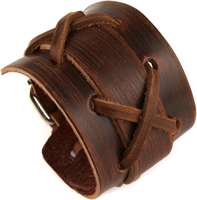 HZMAN Authentic Wide Genuine Leather Casual Mens Brown Cuff Bangle Bracelet