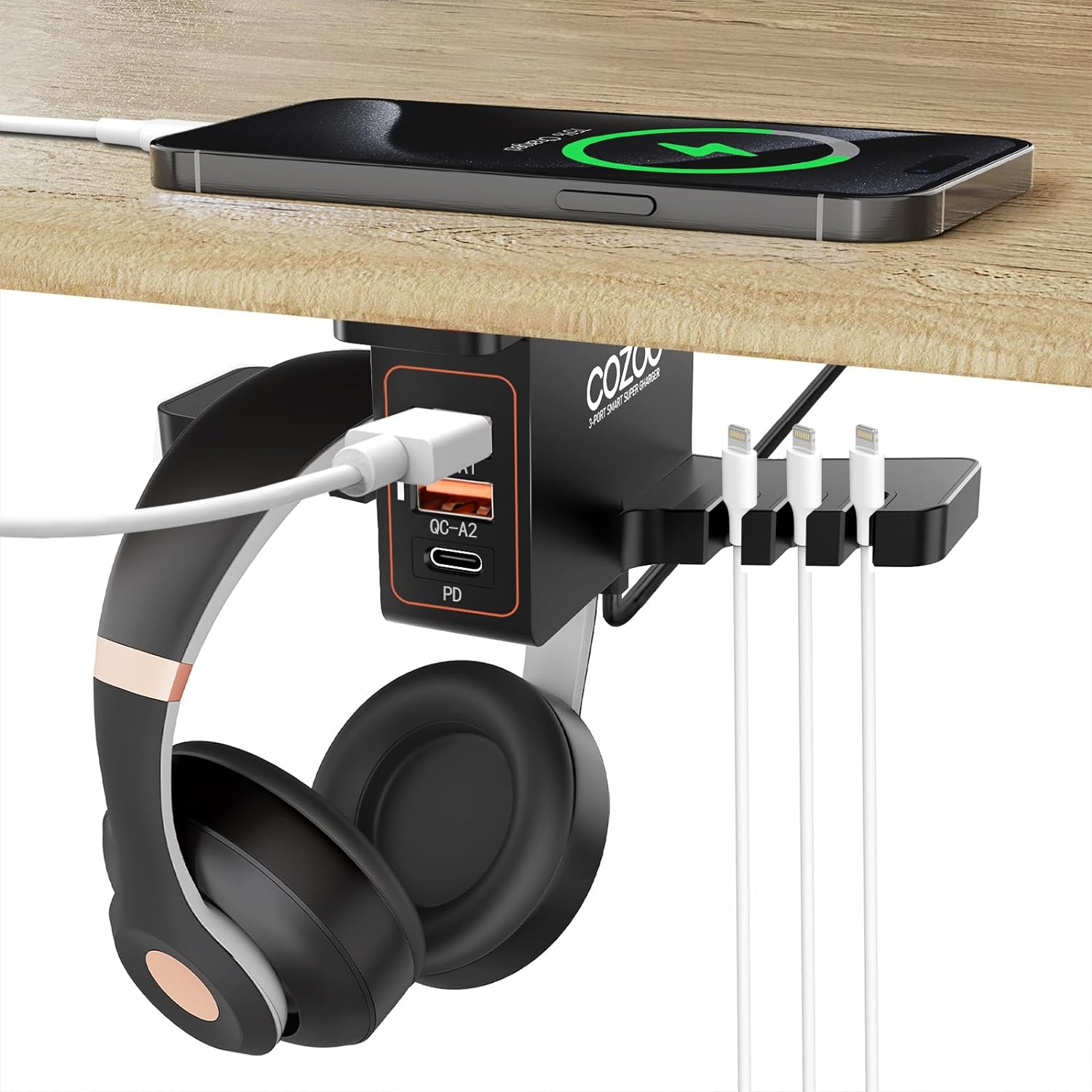 cozoo Headphone Stand with USB Charger Under Desk Headset Holder