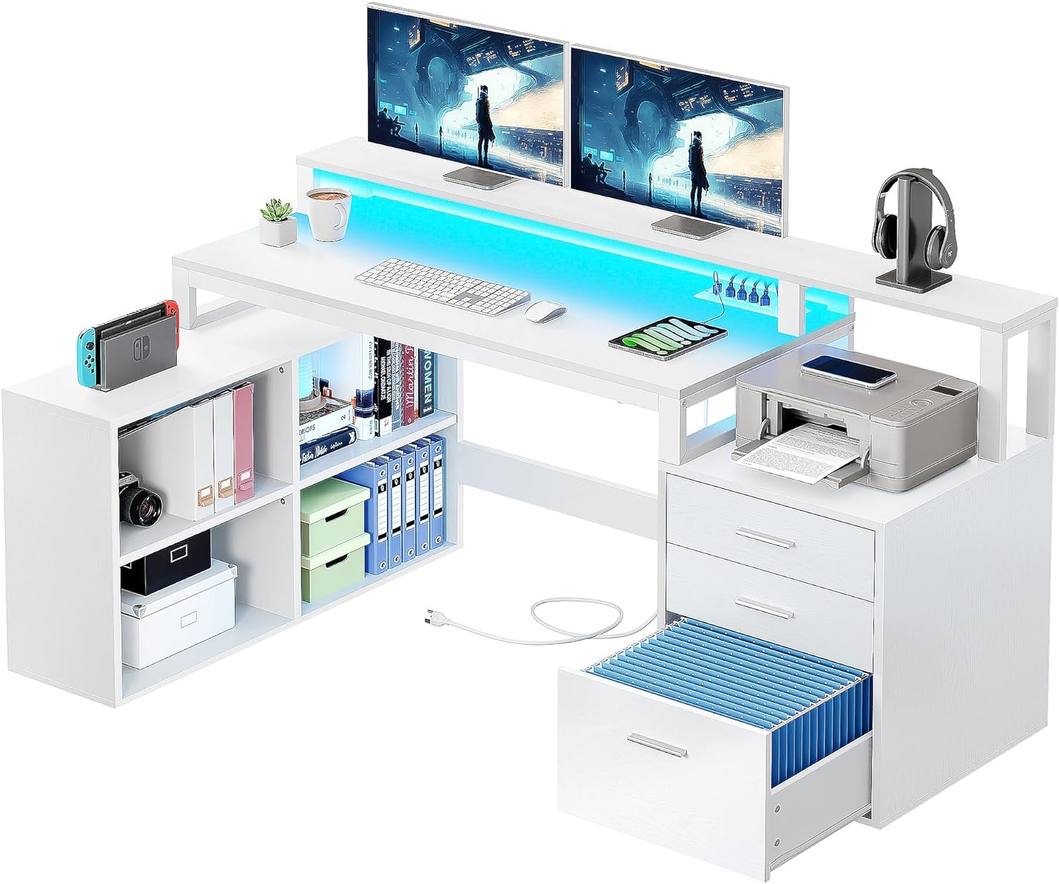 YITAHOME L Shaped Desk with Power Outlets & LED Lights & File Cabinet