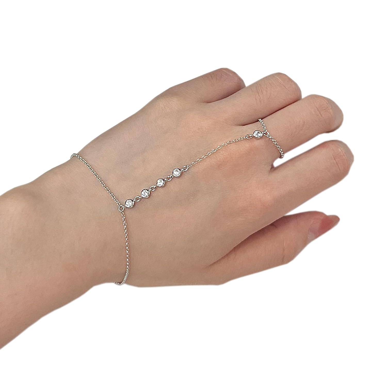 925 Sterling Silver CZ Diamond Finger Ring Bracelet Hand Chain for Women