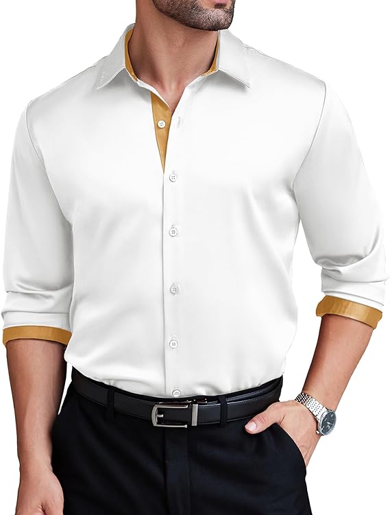 COOFANDY Men’s Satin Dress Shirt Long-Sleeve Casual Button