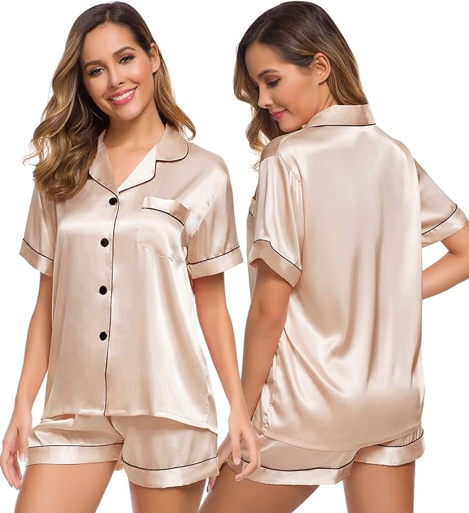 SWOMOG Womens Silk Satin Pajamas Set Two-piece Pj Sets Sleepwear