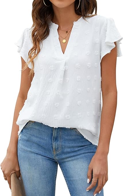 Blooming Jelly Womens White Blouse V Neck Ruffle Sleeve Flowy Shirts