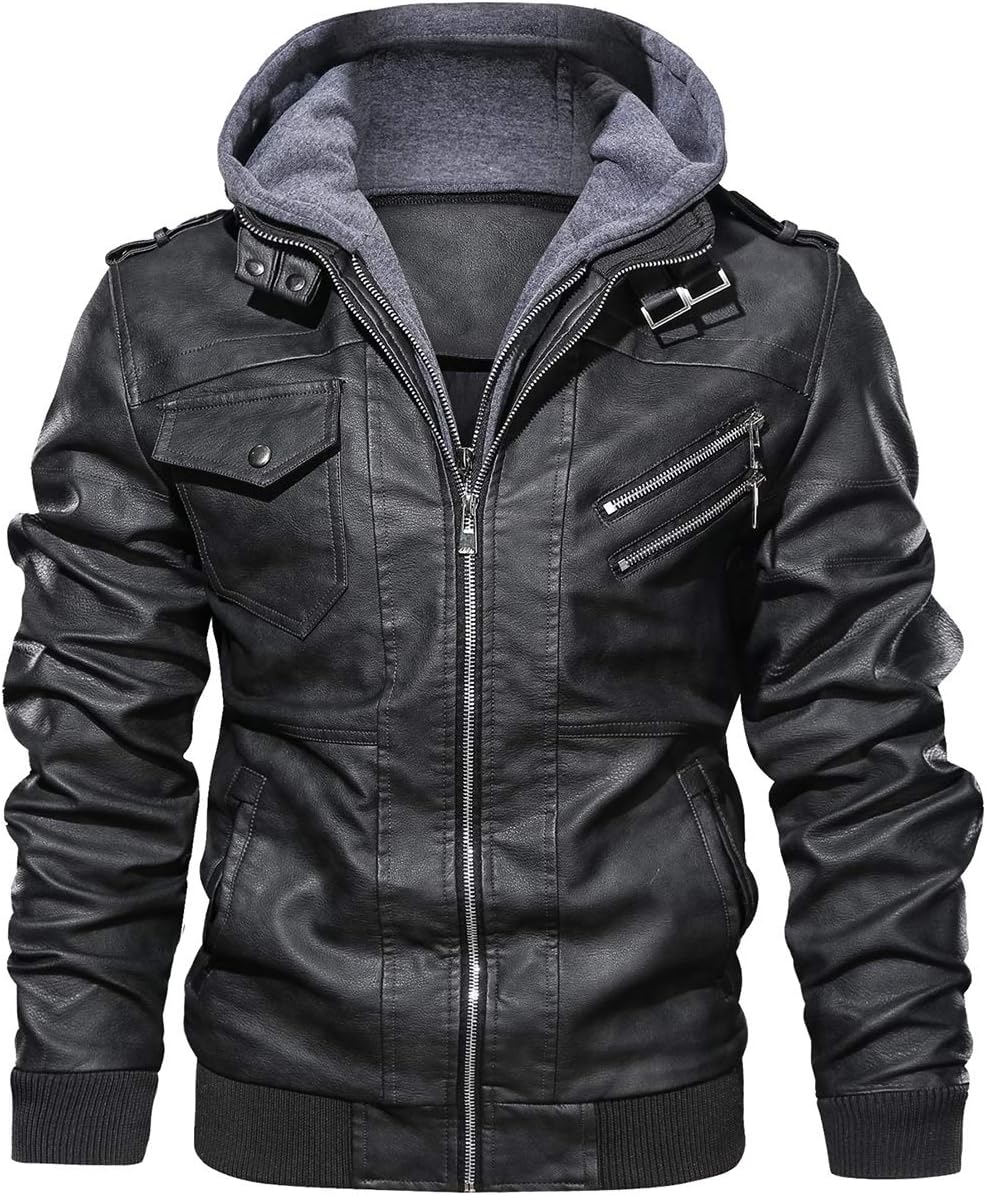 HOOD CREW Men’s Casual Stand Collar PU Faux Leather Zip