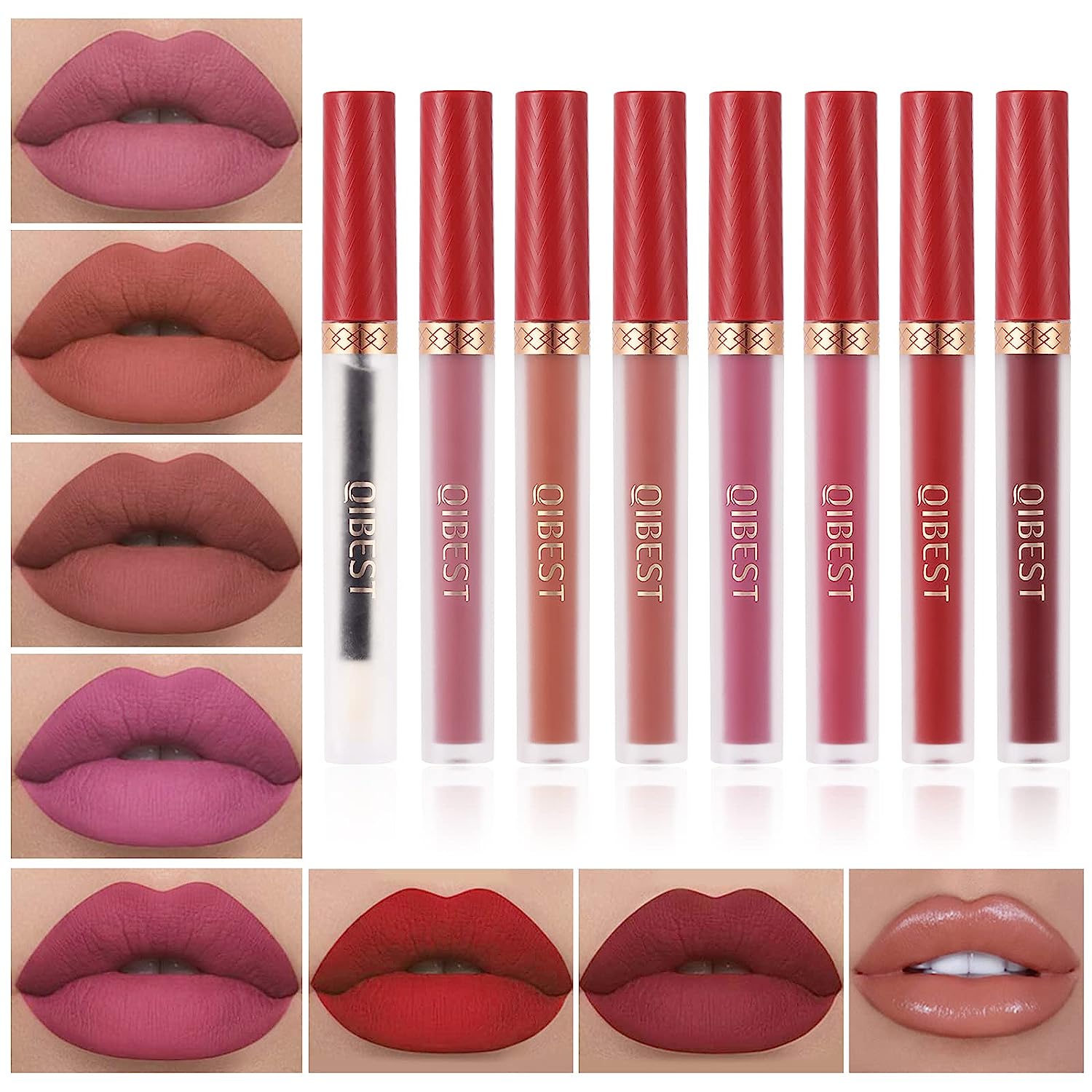 QiBest 8pcs Matte Liquid Lipstick with Lip Plumper Makeup Set