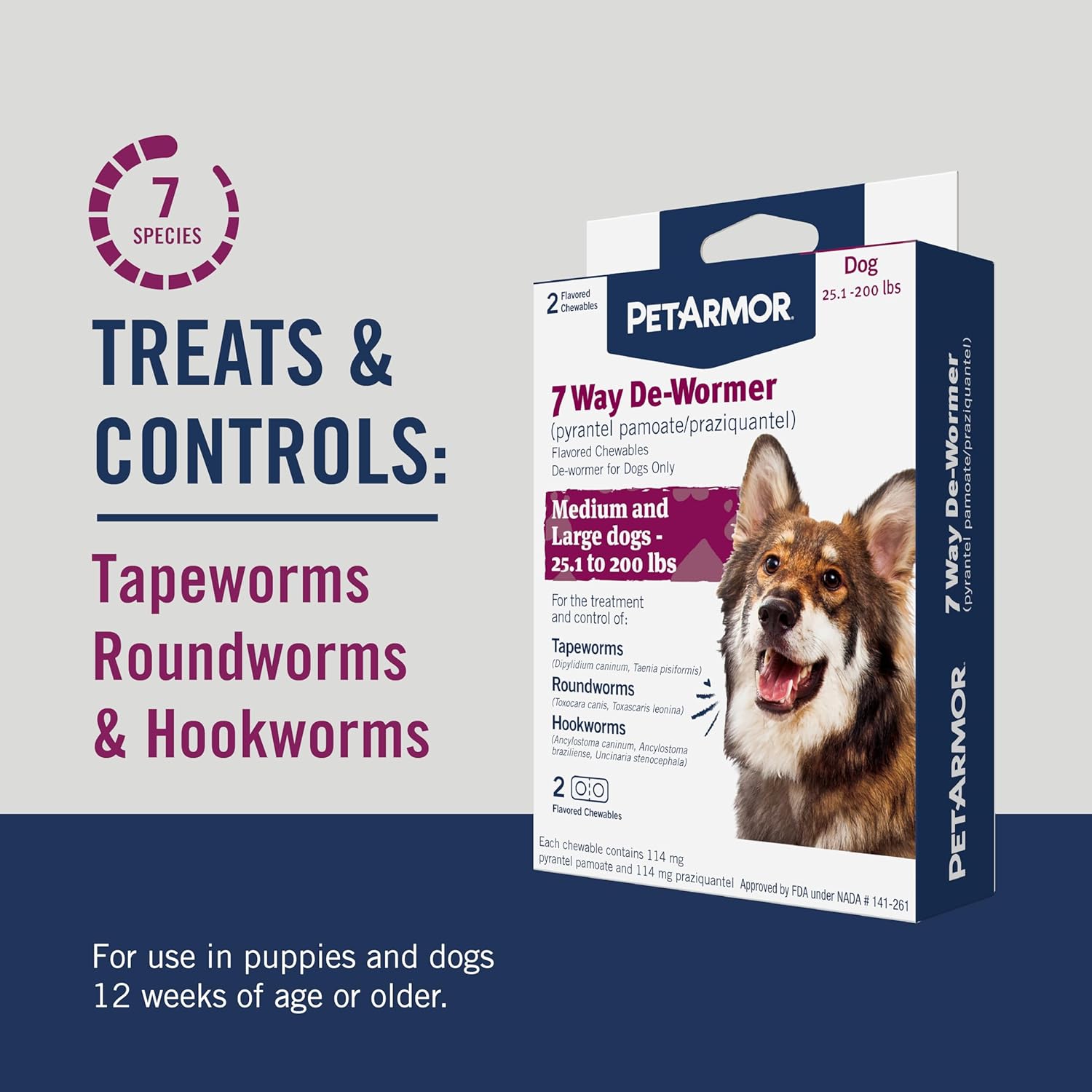 PetArmor 7 Way De-Wormer for Dogs, Oral Treatment for Tapeworm
